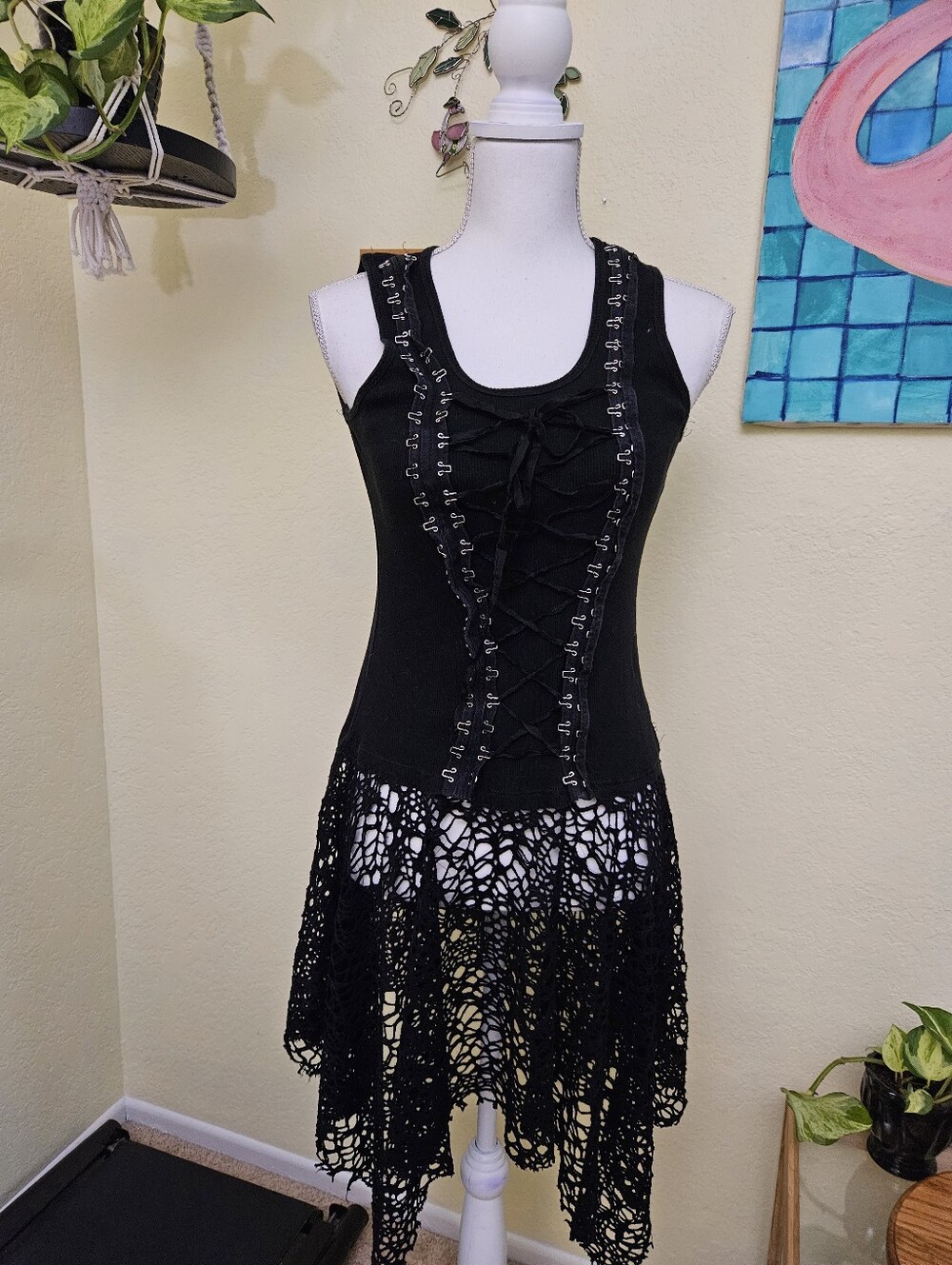 Super low fat Black Lace-Trim Tank Dress Sz S